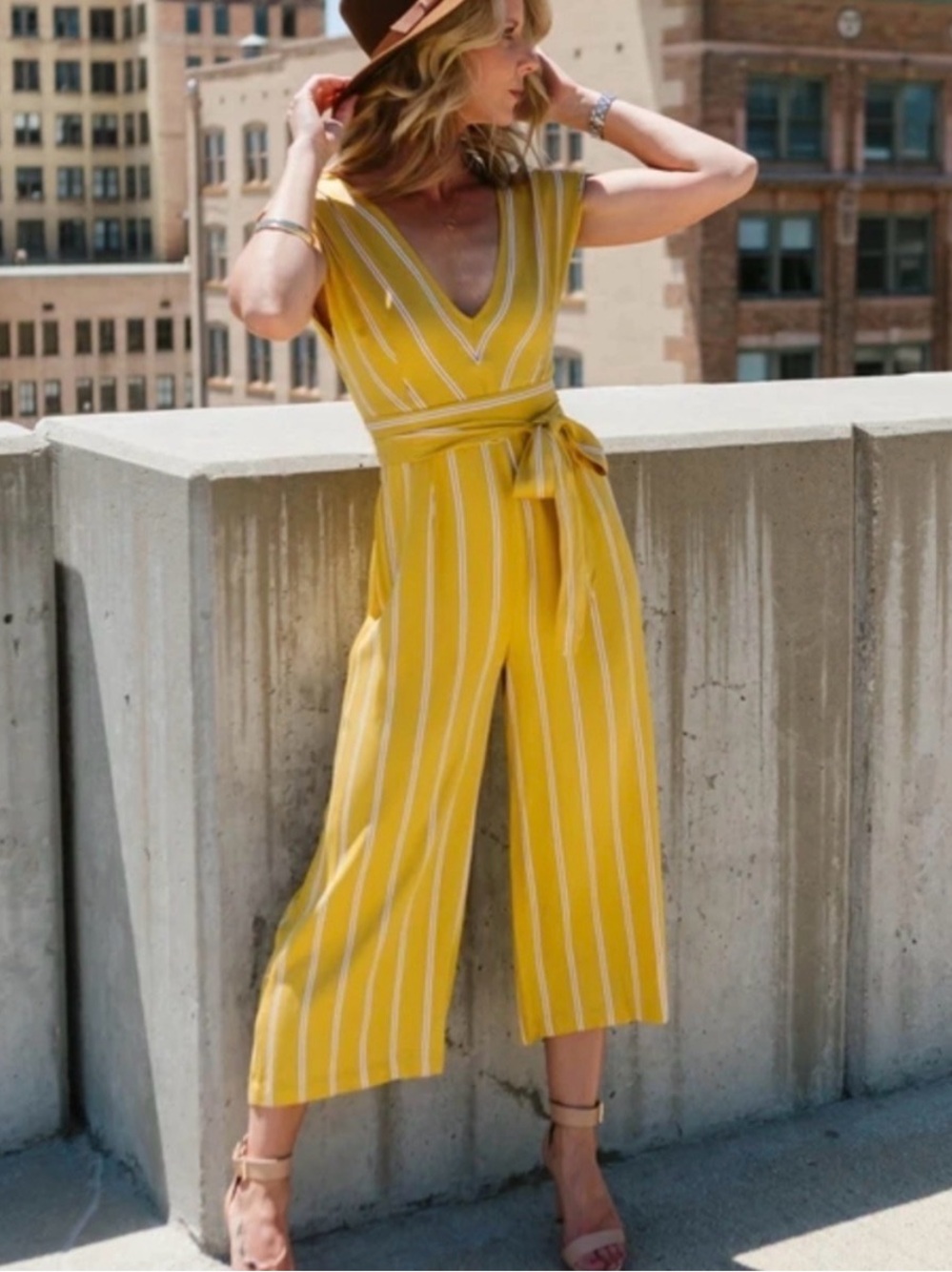 BB Dakota Yellow & White Striped V-Neck Jumpsuit